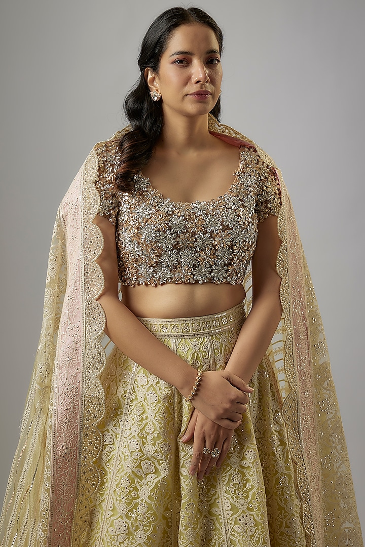 Yellow Indian Net Thread Hand Embroidered Bridal Lehenga Set by ASAL By Abu Sandeep at Pernia's Pop Up Shop