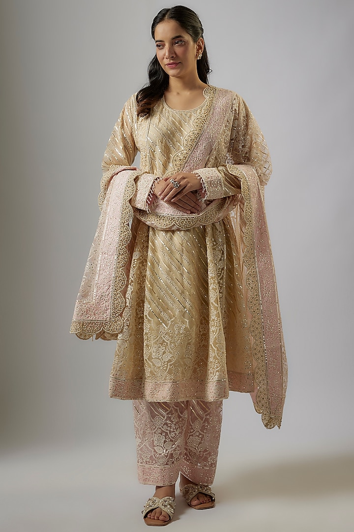 Beige Indian Net Thread Hand Embroidered Kalidar Kurta Set by ASAL By Abu Sandeep at Pernia's Pop Up Shop