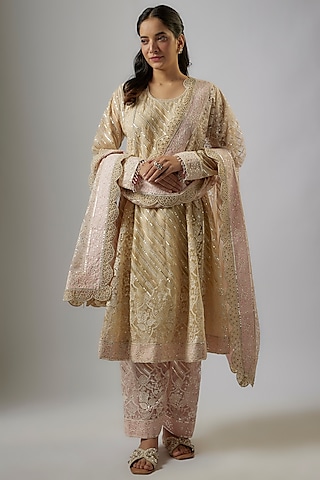 Beige Indian Net Thread Hand Embroidered Kalidar Kurta Set by ASAL By Abu Sandeep