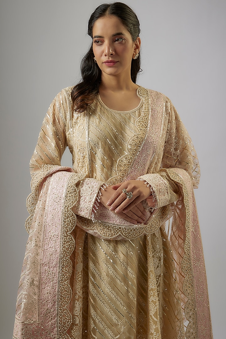 Beige Indian Net Thread Hand Embroidered Kalidar Kurta Set by ASAL By Abu Sandeep at Pernia's Pop Up Shop