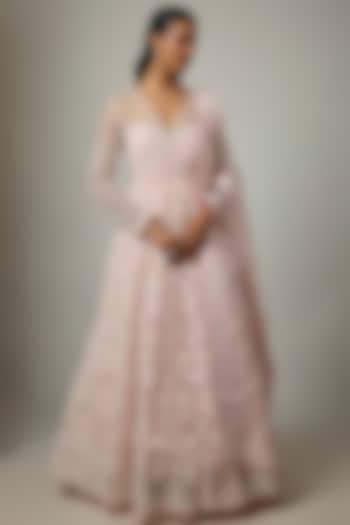 Pink Blended Net Chikankari Embroidered Bridal Anarkali Set by ASAL By Abu Sandeep at Pernia's Pop Up Shop