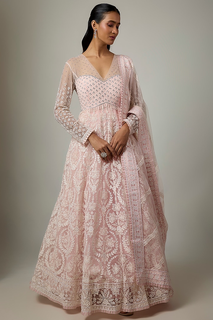 Pink Blended Net Chikankari Embroidered Bridal Anarkali Set by ASAL By Abu Sandeep at Pernia's Pop Up Shop