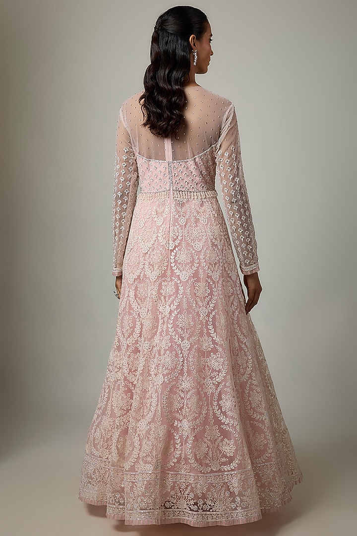 Pink Blended Net Chikankari Embroidered Bridal Anarkali Set by ASAL By Abu Sandeep at Pernia's Pop Up Shop