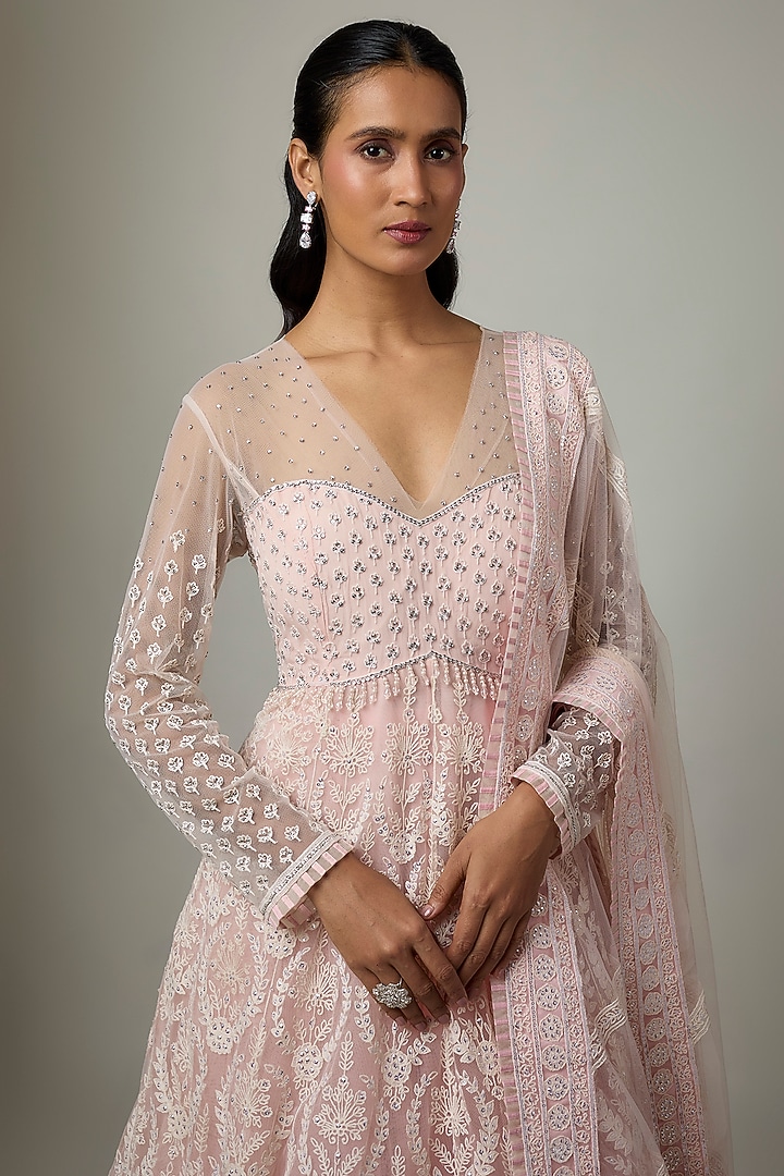 Pink Blended Net Chikankari Embroidered Bridal Anarkali Set by ASAL By Abu Sandeep at Pernia's Pop Up Shop
