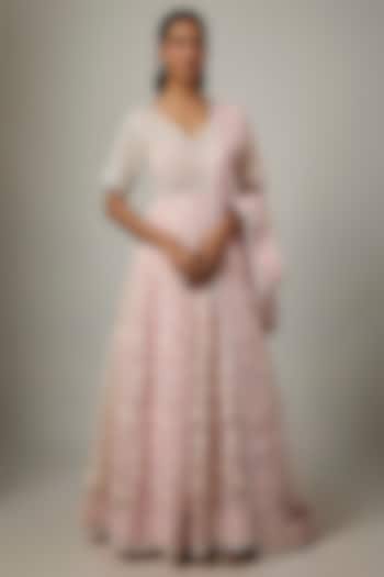 Pink Blended Net Chikankari Embroidered Bridal Anarkali Set by ASAL By Abu Sandeep at Pernia's Pop Up Shop