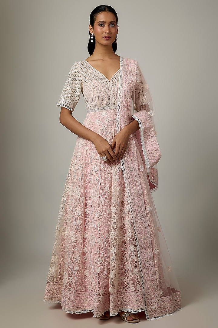 Pink Blended Net Chikankari Embroidered Bridal Anarkali Set by ASAL By Abu Sandeep at Pernia's Pop Up Shop