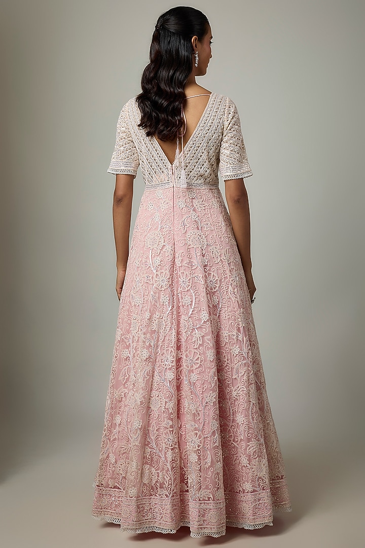 Pink Blended Net Chikankari Embroidered Bridal Anarkali Set by ASAL By Abu Sandeep at Pernia's Pop Up Shop
