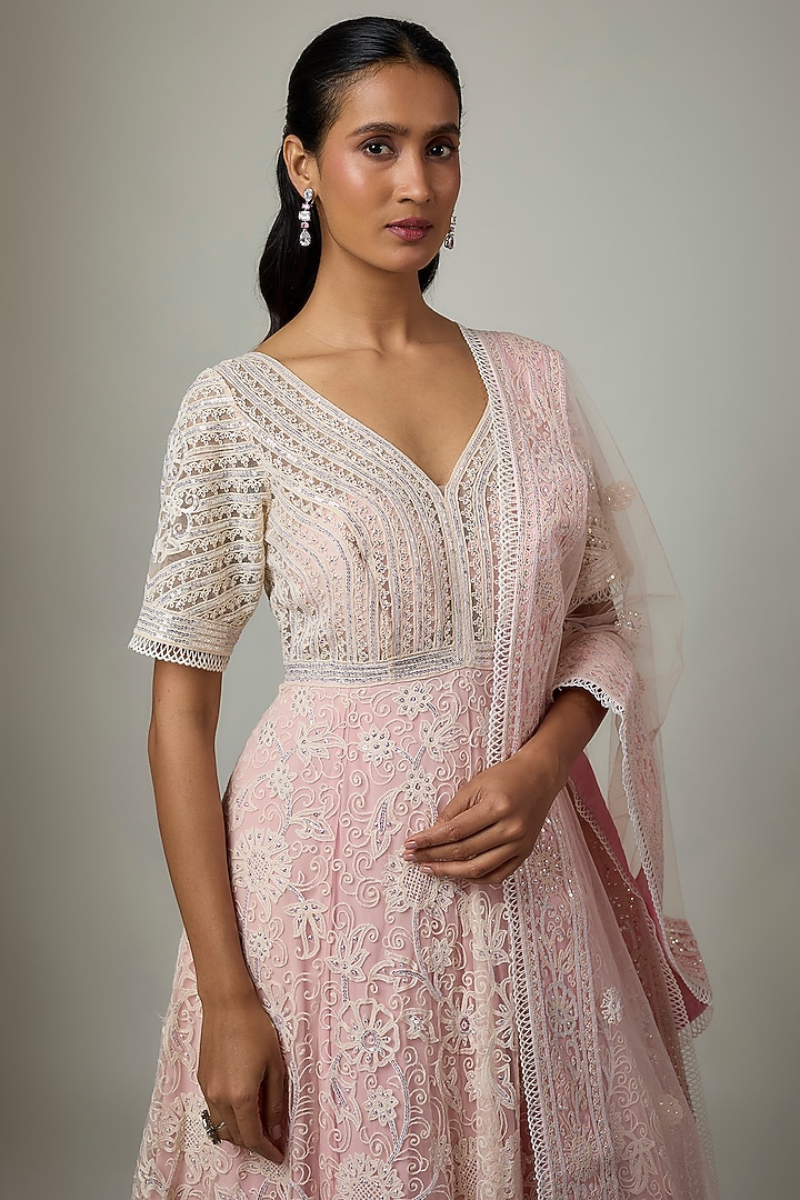 Pink Blended Net Chikankari Embroidered Bridal Anarkali Set by ASAL By Abu Sandeep at Pernia's Pop Up Shop