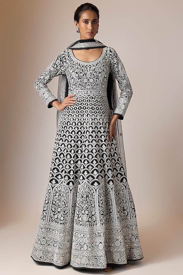 Black & Peach Net Embroidered Bridal Anarkali Set by ASAL By Abu Sandeep at Pernia's Pop Up Shop