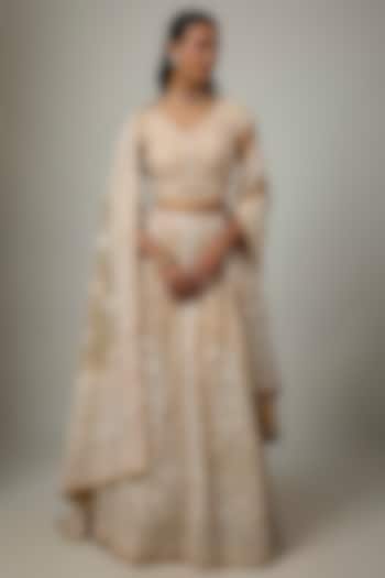 Beige Blended Net Chikankari Embroidered Bridal Lehenga Set by ASAL By Abu Sandeep at Pernia's Pop Up Shop