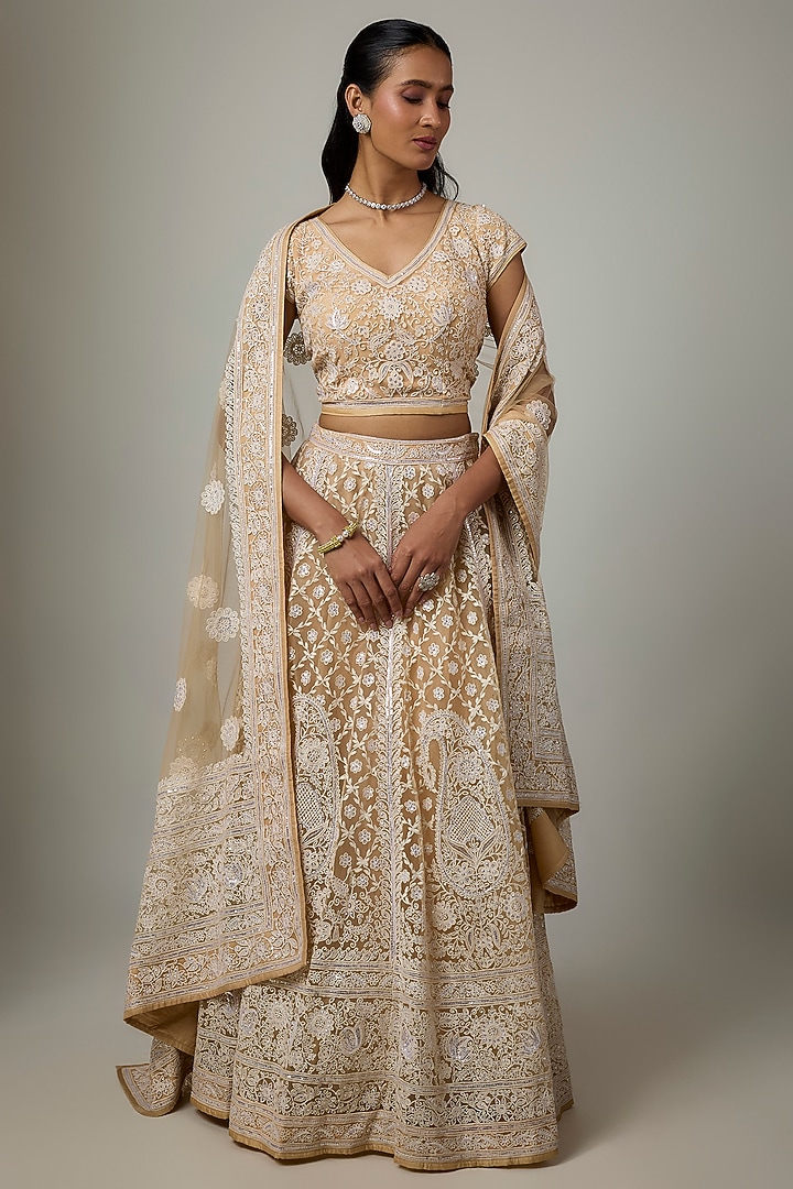 Beige Blended Net Chikankari Embroidered Bridal Lehenga Set by ASAL By Abu Sandeep at Pernia's Pop Up Shop