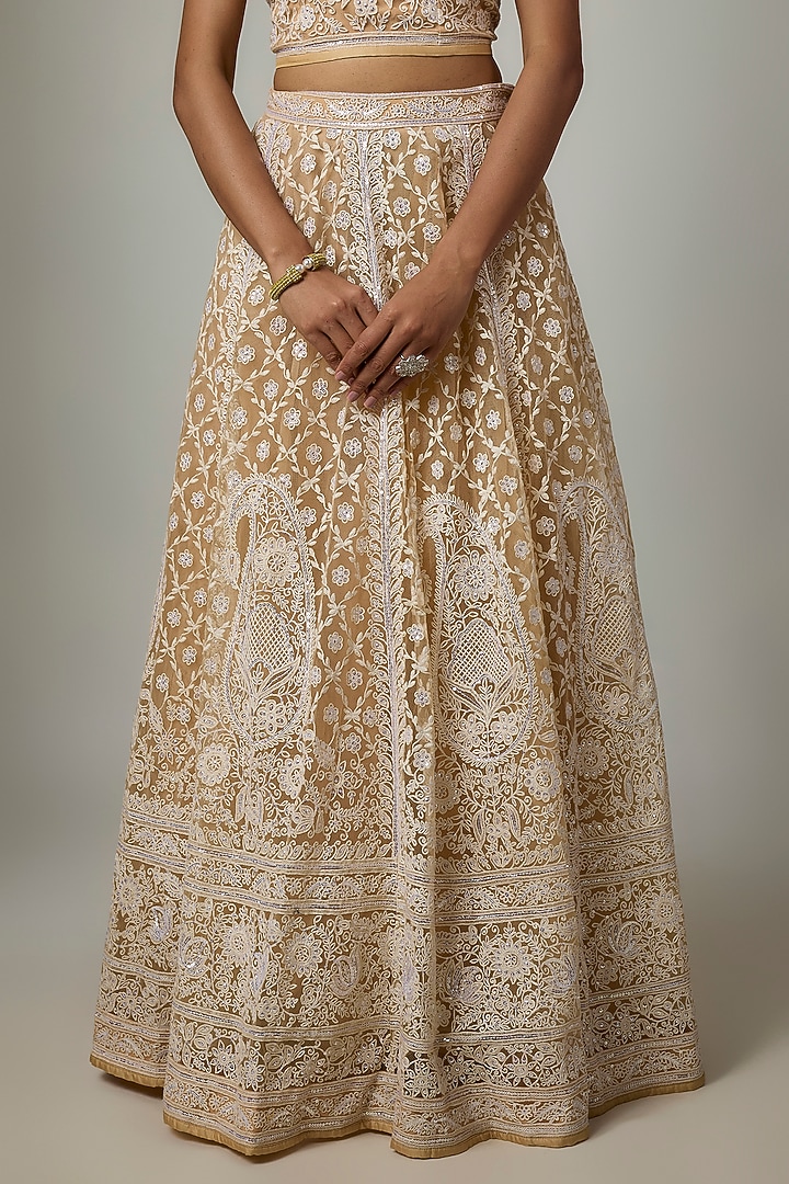 Beige Blended Net Chikankari Embroidered Bridal Lehenga Set by ASAL By Abu Sandeep at Pernia's Pop Up Shop