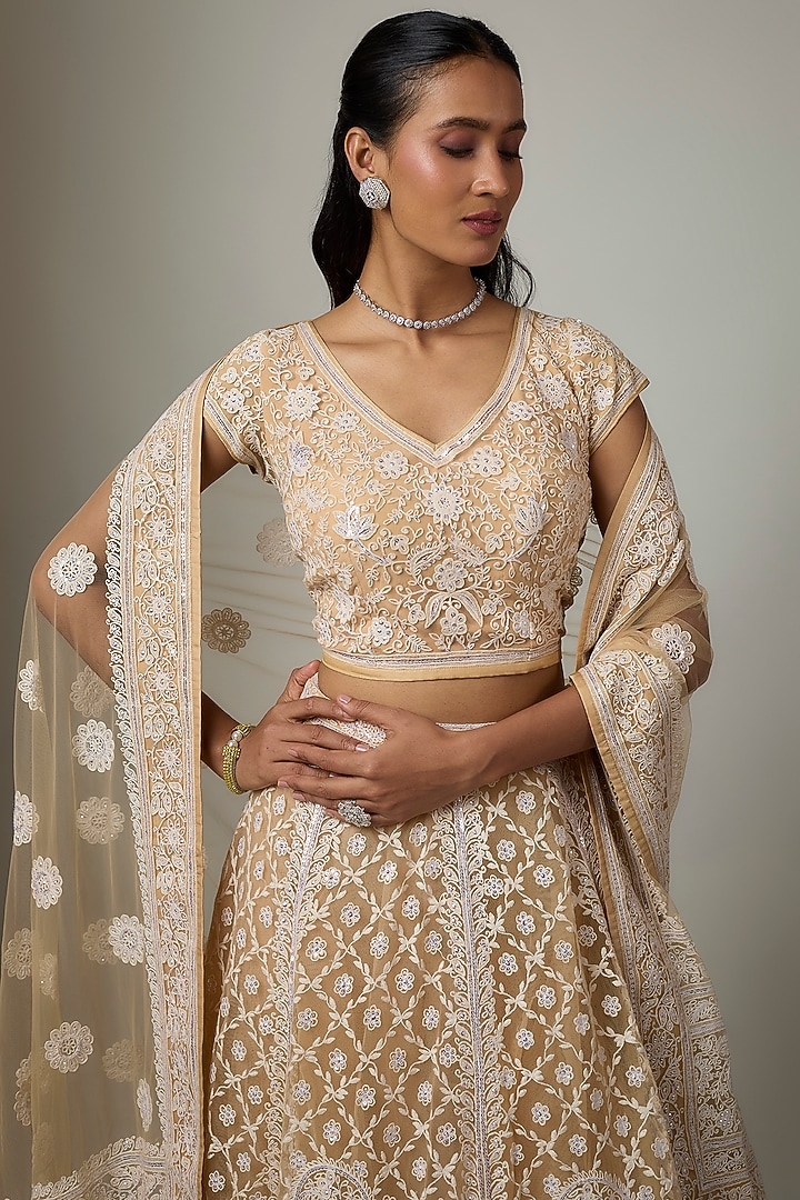 Beige Blended Net Chikankari Embroidered Bridal Lehenga Set by ASAL By Abu Sandeep at Pernia's Pop Up Shop