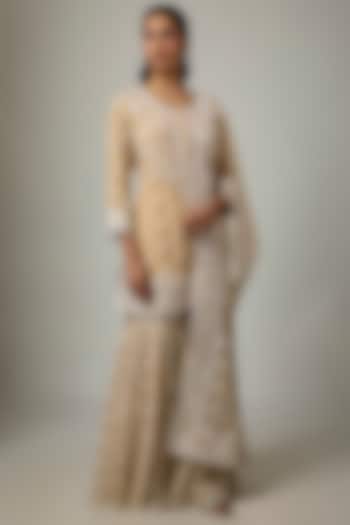 Beige Blended Net Chikankari Embroidered Gharara Set by ASAL By Abu Sandeep at Pernia's Pop Up Shop