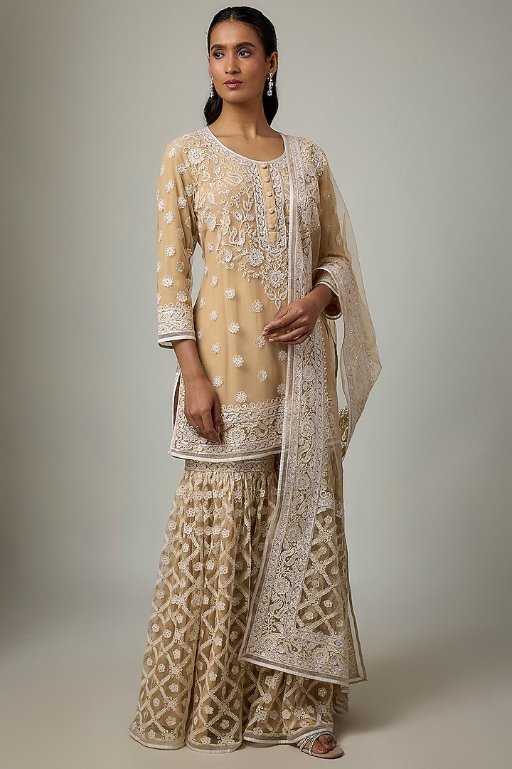 Beige Blended Net Chikankari Embroidered Gharara Set by ASAL By Abu Sandeep at Pernia's Pop Up Shop