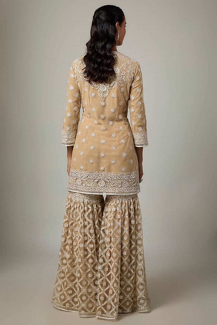 Beige Blended Net Chikankari Embroidered Gharara Set by ASAL By Abu Sandeep at Pernia's Pop Up Shop
