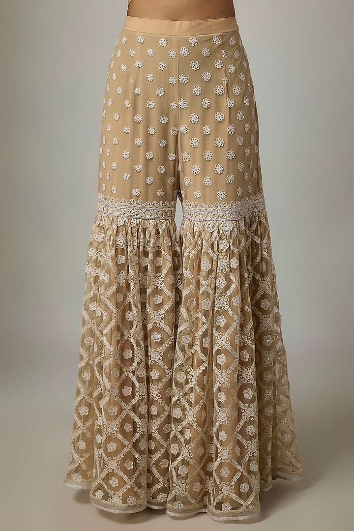 Beige Blended Net Chikankari Embroidered Gharara Set by ASAL By Abu Sandeep at Pernia's Pop Up Shop