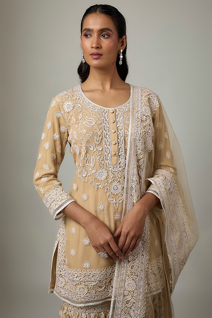 Beige Blended Net Chikankari Embroidered Gharara Set by ASAL By Abu Sandeep at Pernia's Pop Up Shop