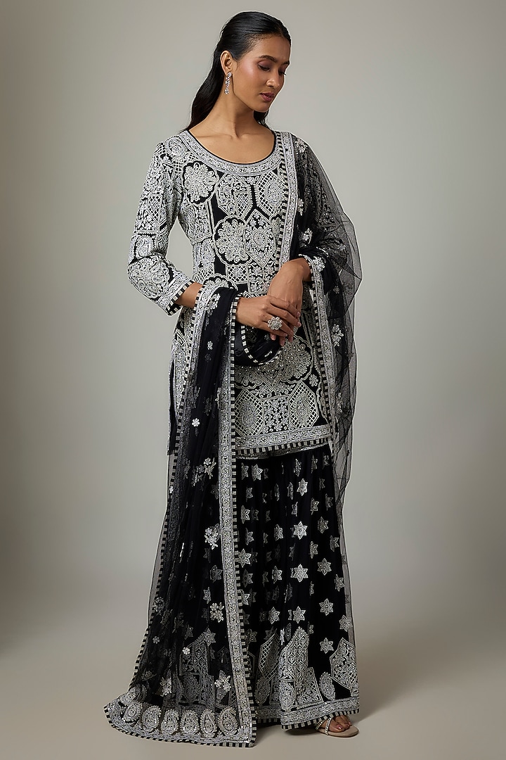 Black Blended Net Chikankari Embroidered Gharara Set by ASAL By Abu Sandeep at Pernia's Pop Up Shop