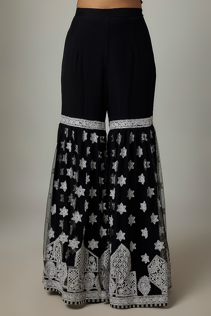 Black Blended Net Chikankari Embroidered Gharara Set by ASAL By Abu Sandeep at Pernia's Pop Up Shop