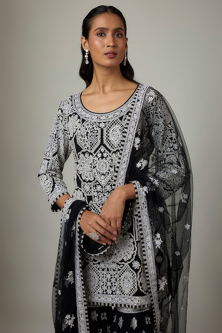 Black Blended Net Chikankari Embroidered Gharara Set by ASAL By Abu Sandeep at Pernia's Pop Up Shop