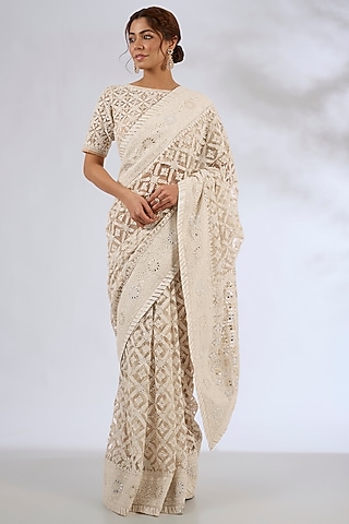 Off-White & Beige Net Embroidered Saree Set by ASAL By Abu Sandeep