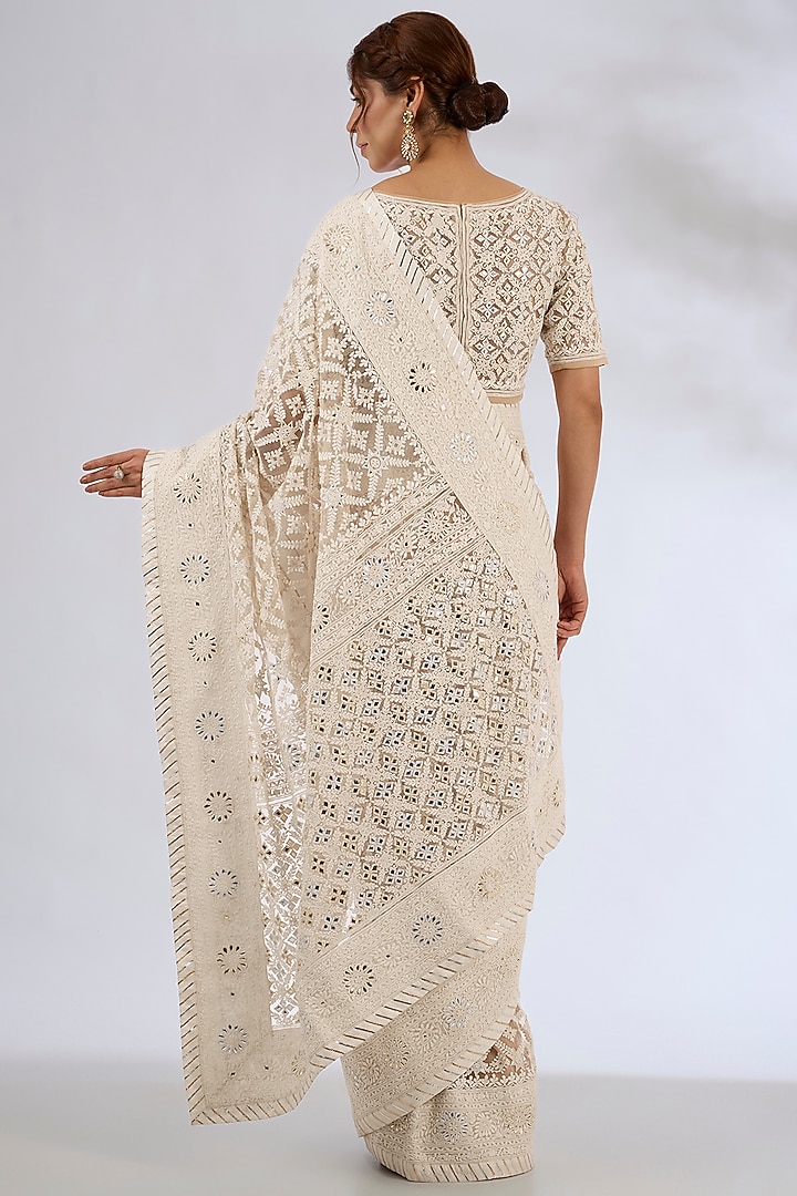 Off-White & Beige Net Embroidered Bridal Saree Set by ASAL By Abu Sandeep at Pernia's Pop Up Shop