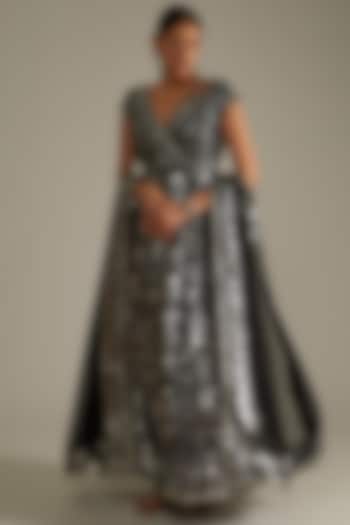 Black Georgette Anarkali Set With Foil Work by ASAL By Abu Sandeep