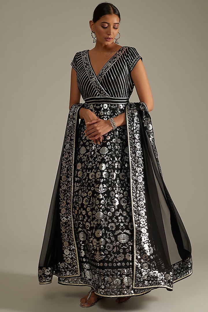 Black Georgette Anarkali Set With Foil Work by ASAL By Abu Sandeep