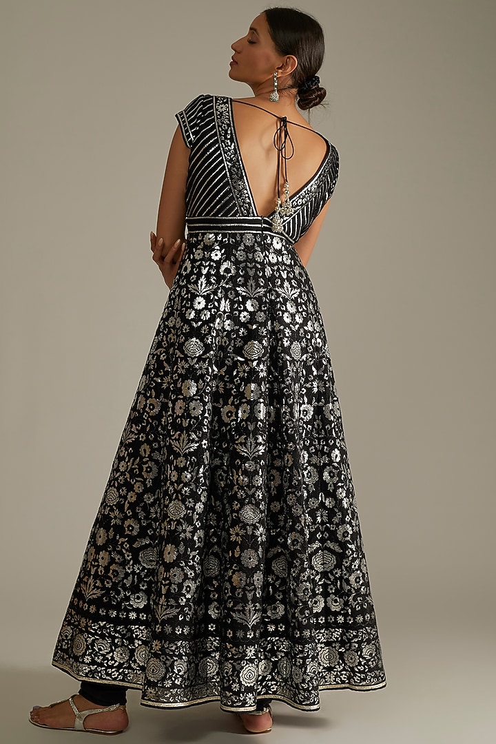 Black Georgette Bridal Anarkali Set With Foil Work by ASAL By Abu Sandeep at Pernia's Pop Up Shop