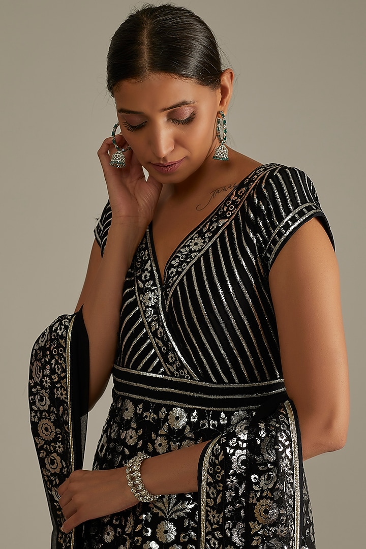 Black Georgette Bridal Anarkali Set With Foil Work by ASAL By Abu Sandeep at Pernia's Pop Up Shop