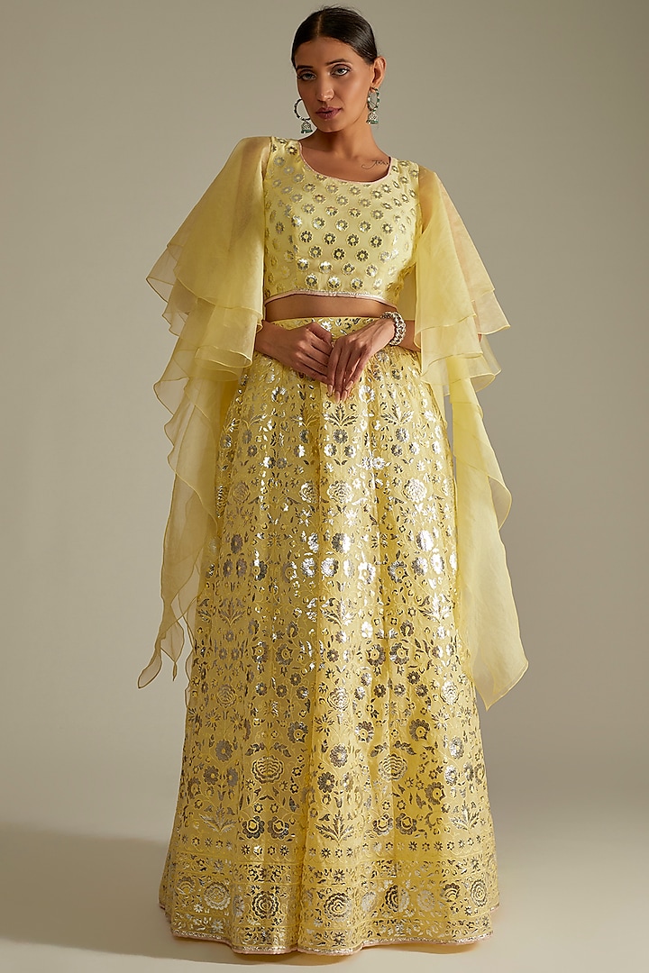Yellow Foil Embroidered Lehenga Set by ASAL By Abu Sandeep