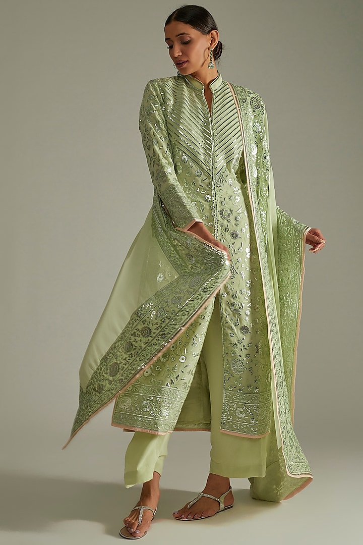 Mint Green Georgette Sherwani Set With Foil Work by ASAL By Abu Sandeep