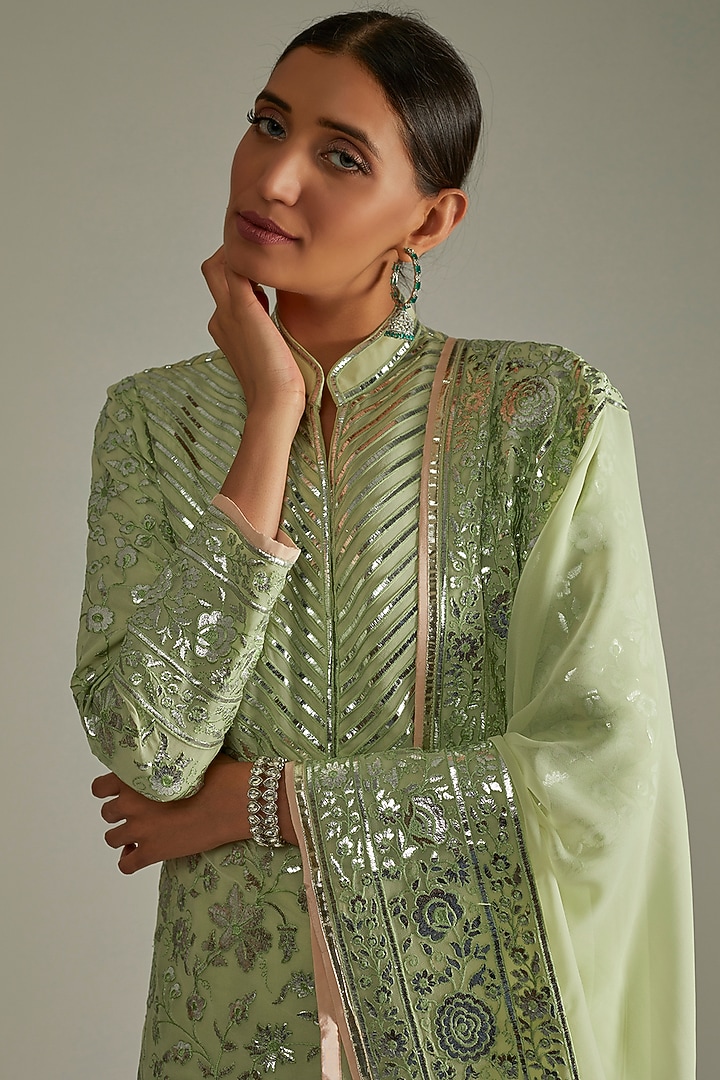 Mint Green Georgette Sherwani Set With Foil Work by ASAL By Abu Sandeep at Pernia's Pop Up Shop
