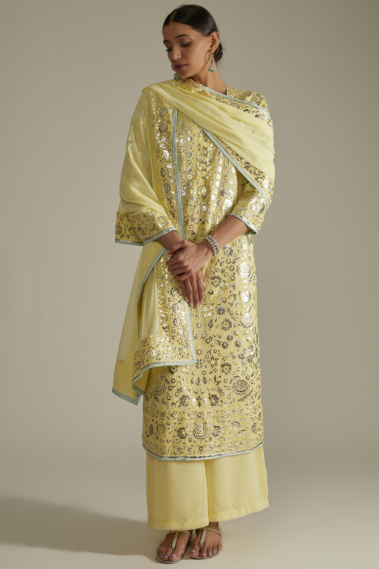 Yellow Foil Embroidered Kurta Set by ASAL By Abu Sandeep at Pernia's Pop Up Shop