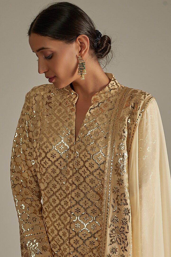 Beige Sherwani Set With Foil Work by ASAL By Abu Sandeep at Pernia's Pop Up Shop