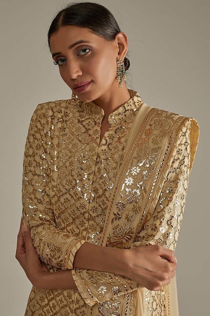 Beige Blended Georgette Foil Resham Work Sherwani Set by ASAL By Abu Sandeep at Pernia's Pop Up Shop