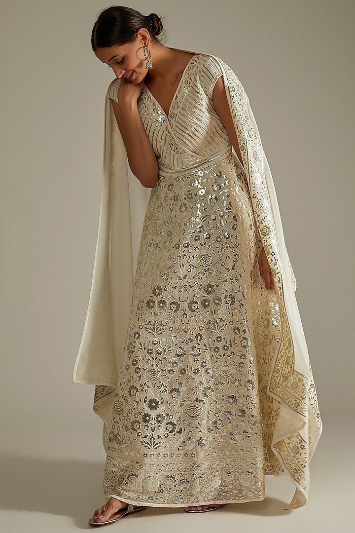 White Georgette Foil Work Anarkali Set by ASAL By Abu Sandeep at Pernia's Pop Up Shop