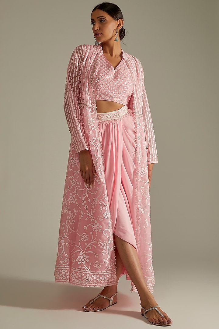 Pink Blended Georgette Sarong Skirt Set by ASAL By Abu Sandeep