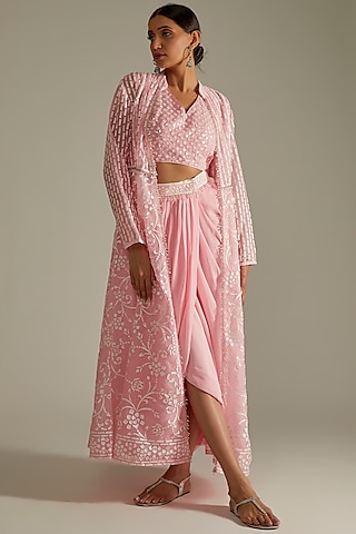 Pink Blended Georgette Sarong Skirt Set by ASAL By Abu Sandeep