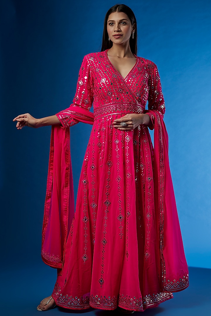 Red Georgette Embroidered Anarkali Set by ASAL By Abu Sandeep