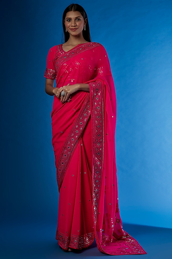Red Georgette Embroidered Saree Set by ASAL By Abu Sandeep