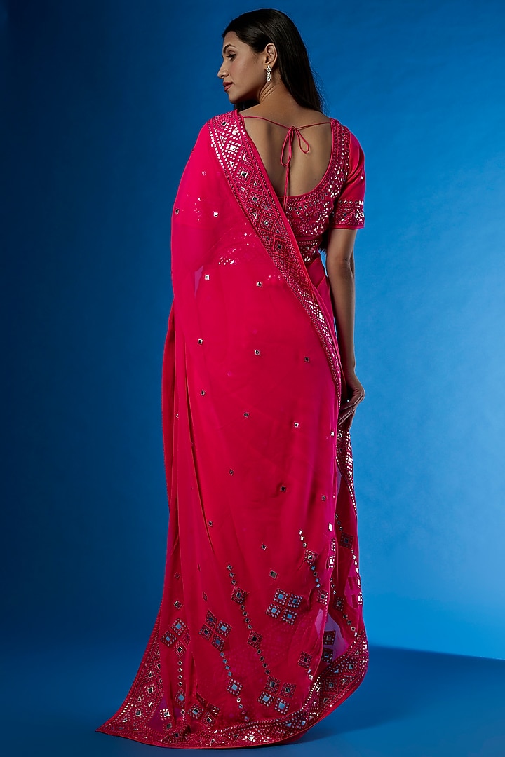 Red Georgette Embroidered Reception Saree Set by ASAL By Abu Sandeep at Pernia's Pop Up Shop