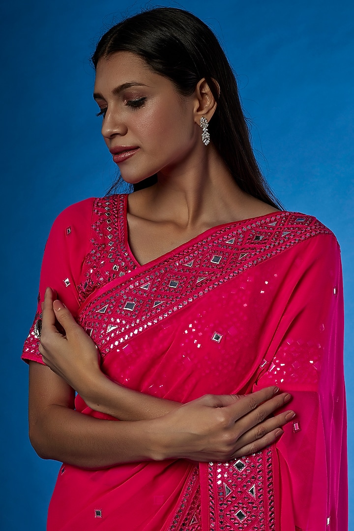 Red Georgette Embroidered Reception Saree Set by ASAL By Abu Sandeep at Pernia's Pop Up Shop