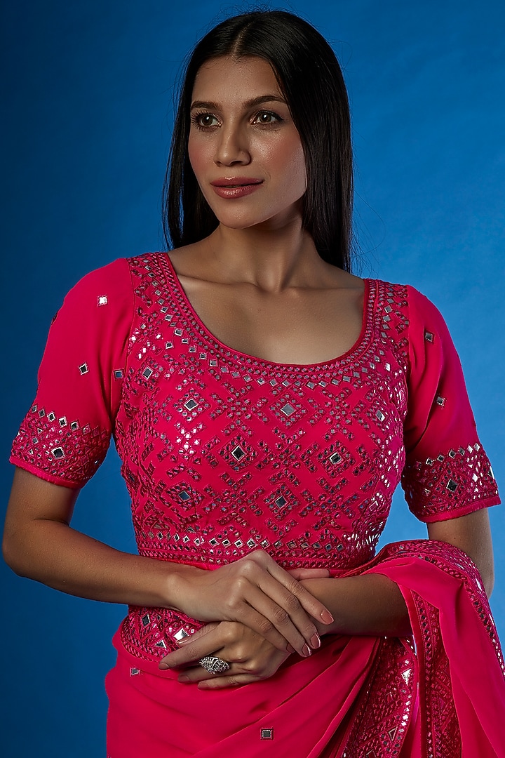 Red Georgette Embroidered Reception Saree Set by ASAL By Abu Sandeep at Pernia's Pop Up Shop