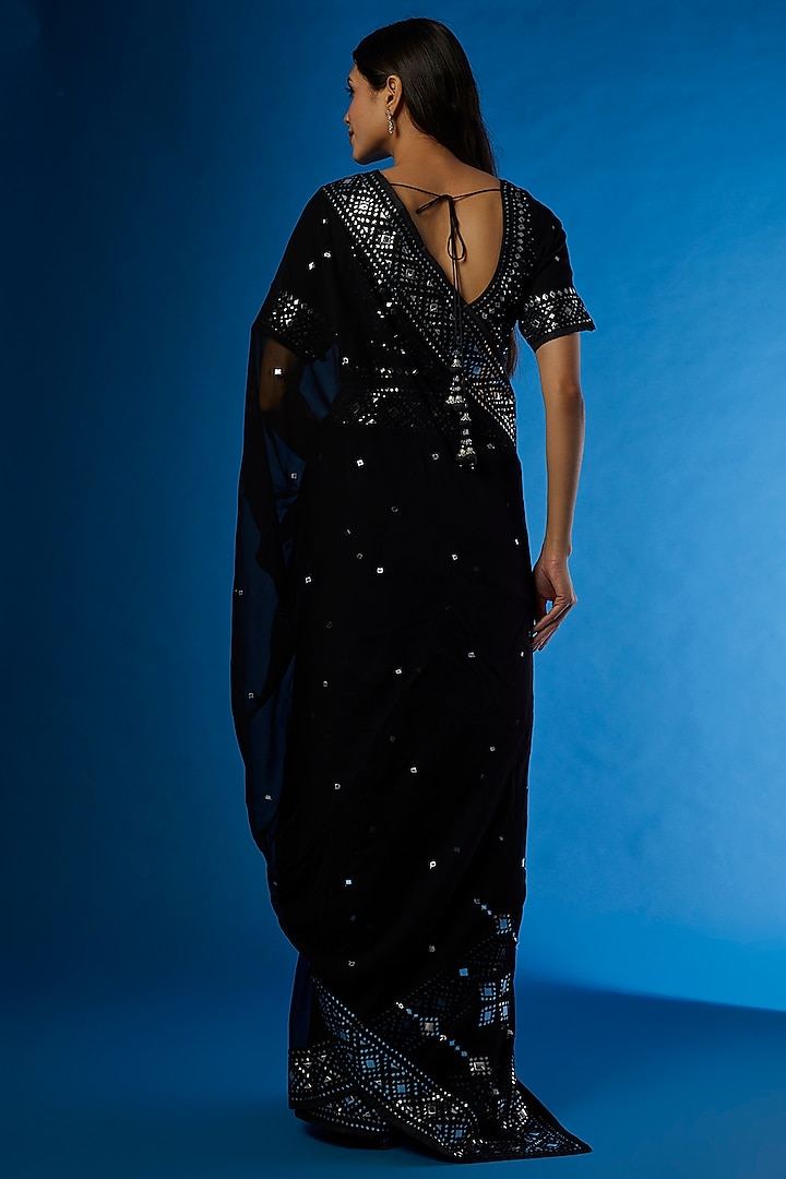 Black Georgette Embroidered Reception Saree Set by ASAL By Abu Sandeep at Pernia's Pop Up Shop