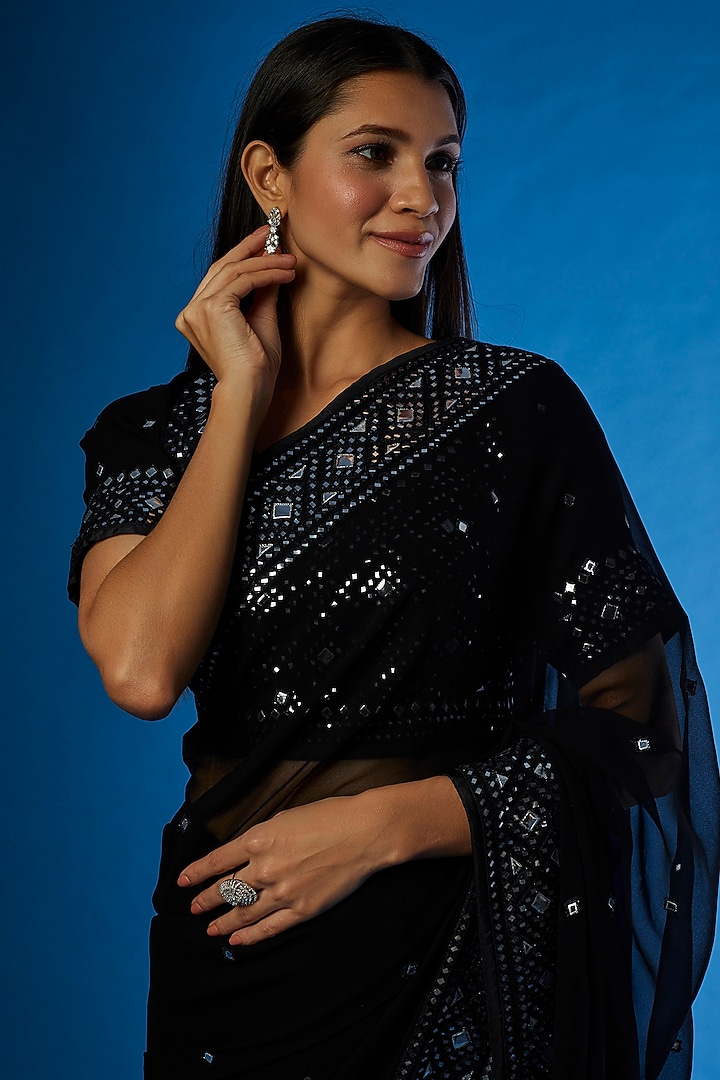 Black Georgette Embroidered Reception Saree Set by ASAL By Abu Sandeep at Pernia's Pop Up Shop