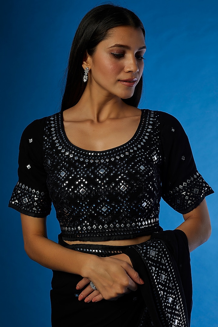 Black Georgette Embroidered Reception Saree Set by ASAL By Abu Sandeep at Pernia's Pop Up Shop