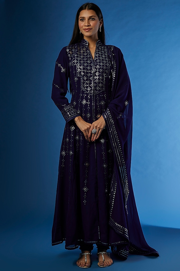 Navy Blue Georgette Embroidered Anarkali Set by ASAL By Abu Sandeep