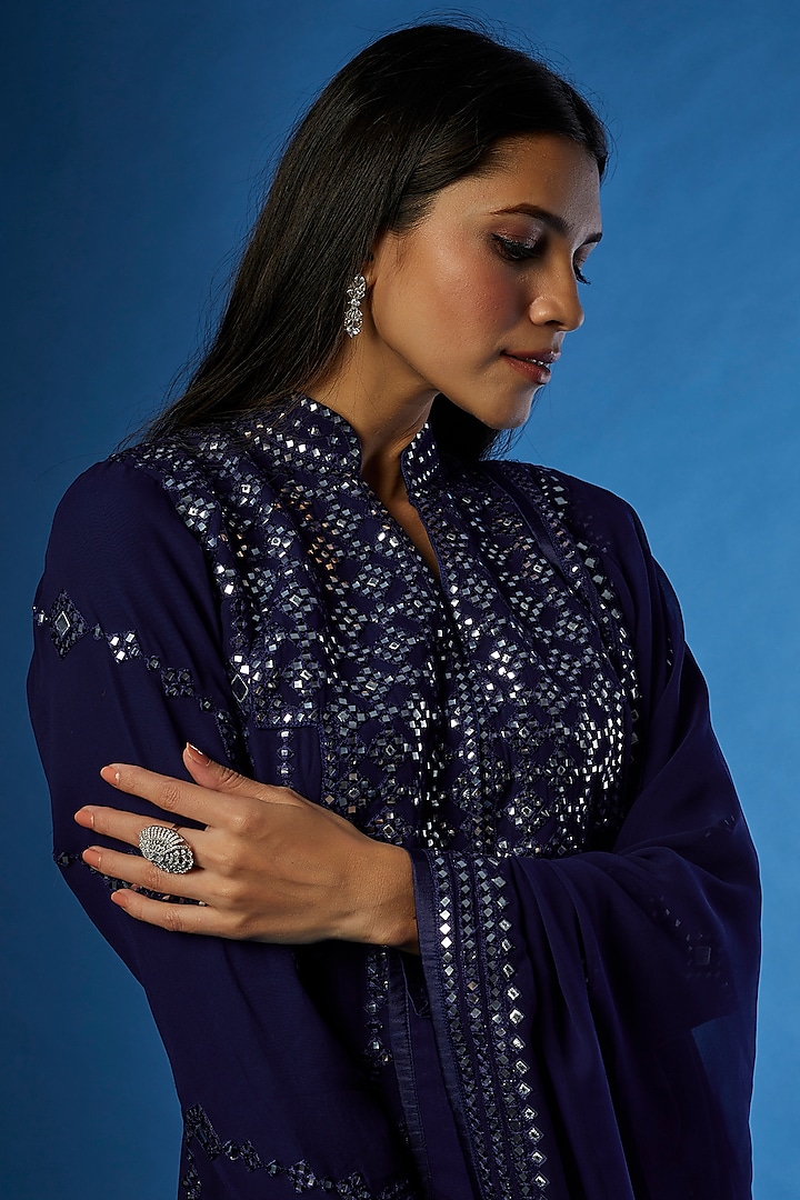 Navy Blue Georgette Embroidered Bridal Anarkali Set by ASAL By Abu Sandeep at Pernia's Pop Up Shop